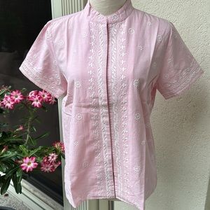DENIM & CO! Pink & White cotton shirt /white embroidery on shirt & sleev…